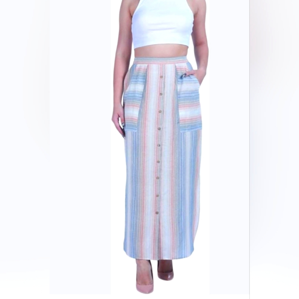 M Anthropologie RD + koko Jacinto Midi Peasant Linen Look Stripped Women Skirt